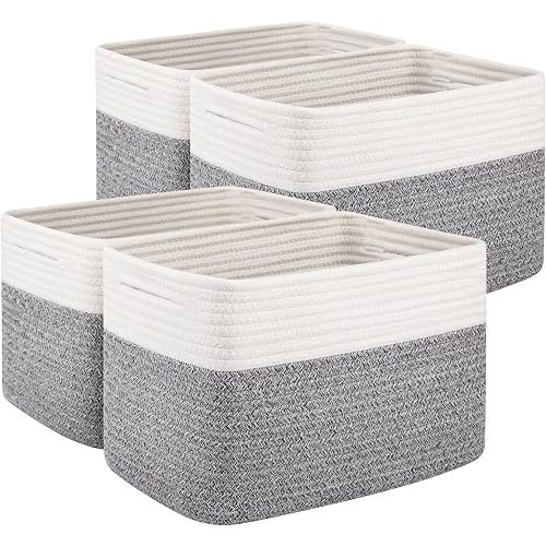 OIAHOMY 4 Pack Storage Basket, 13"x9"x7.8" Cotton Rope Baskets for Shelves, Closet Organizer for Bedroom & Living Room, Soft Decorative Bins for Organizing Towels, Books & Toys, Grey & White