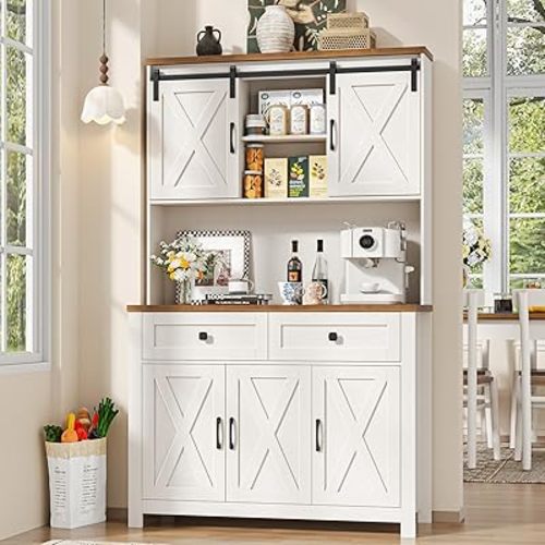 67.7 Inch Farmhouse Pantry Storage Cabinet with Sliding Barn Doors, 2 Drawer Farmhouse Coffee Cabinet with Adjustable Shelf, Side Board with Buffet Cupboard for Livingroom Kitchen, White