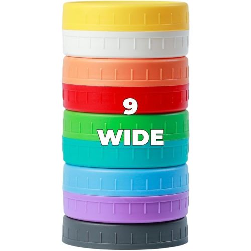 9 Wide Mouth Mason Jar Lids with Silicone Ring,Thickened Leak-proof Lids Fit Ball,Kerr and More, 9 Color Plastic Lids, 86mm Plastic Mason Jar Lids