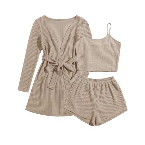 Ekouaer Pajamas for Women Set 3 Piece Lounge Set Soft Pajama Sets Waffle Knit Tank Top and Shorts Cardigan with Pockets S-XXL
