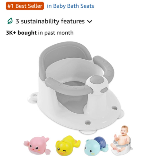 Baby Bath Seat for Babies 6 Months & Up, Bath Seats for Babies Sitting Up, 3 Baby Bath Toys, Open Design, Non-Slip, Compact Toddler Bath Seat.