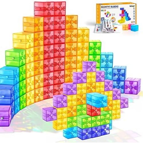 Magnetic Blocks - 32pcs Translucent Magnetic Building Blocks for Toddlers 1-3, STEM Rainbow Magnet Cubes for Kids Ages 2-4, Magnet Toys for Kids 3-5, Christmas Birthday Gifts for Girls & Boys
