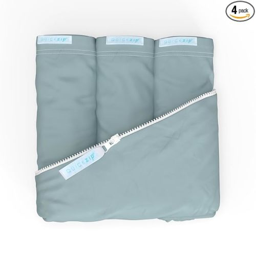 QuickZip Crib Sheet Set - Faster, Safer, Easier Baby Crib Sheets - Includes 1 Wraparound Base & 3 Zip-On Crib Sheets – Dusty Blue 100% Cotton - Fits All Standard Crib Mattresses