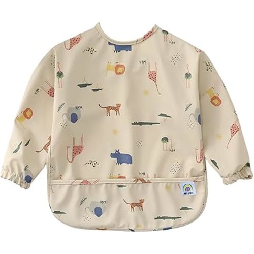 ARI MES Long Sleeves Waterproof Baby Bibs for Eating - Animals, Small - Wearable, Coverall for Toddler, Long Sleeve Bib, Smock Apron for Feeding - Applicable for 6-72 Months