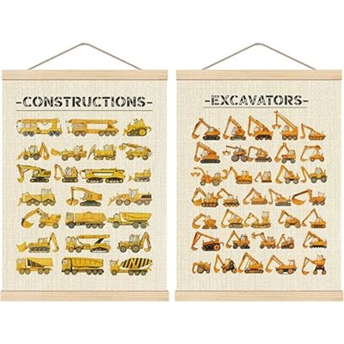 HKTZM Constructions Excavators Wall Decor, Constructions Nursery Wall Art With Wooden Poster Hanger, Transport Posters Walls Decoration for Kids Boys Room Nursery Playroom, 12x16 Inch Set of 2