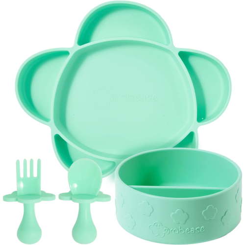 Grabease Baby Plates and Bowls Set - Essential Baby-Led Weaning Supplies for Portion Control and Self-Feeding - Suction Bottoms 4 Piece Set, BPA and Phthalates-Free, Mint
