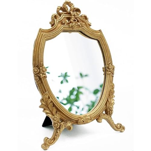 Eaoundm Small Antique Gold Resin Frame Decorative Wall Mirror Makeup Mirror Tabletop Mirrors, for Bedroom Living-Room Dresser Decor 8.2W x 13 L inchs