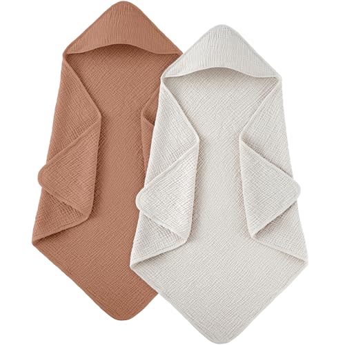 Susurration Hooded Baby Towels for Newborn 2 Pack 100% Muslin Cotton Towel for Babies,Highly Absorbent and Newborn Essential 30x30 Inch (Brown)