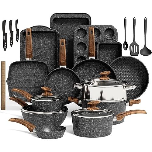 Kitchen Induction Cookware & Bakeware Set - 30 Piece Black Granite Cooking Pans Set, Non-Stick Pots and Pans Set