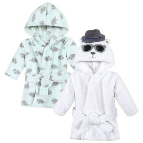 Hudson Baby Infant Boys 2Pc Plush Animal Face Bathrobe, Triceratops Handsome Bear, 0-9 Months