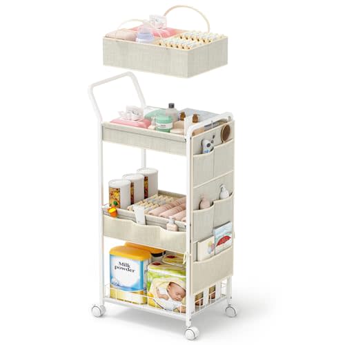 BBLIKE 3-Tier Diaper Caddy Organizer - Rolling Utility Baby Cart with Basket and Side Pockets for Nursery and Baby Essentials, Multi-Function Cart for Bedroom and Bathroom, Begie
