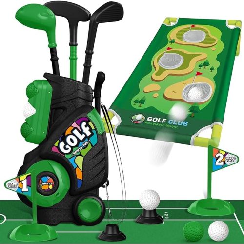 Liberry Toddler Golf Set for Ages 2 3 4 Boys Girls, Kids Golf Cart with Putting Mat & Cornhole Board, Outdoor Indoor Sports Toys Birthday Gifts, Black
