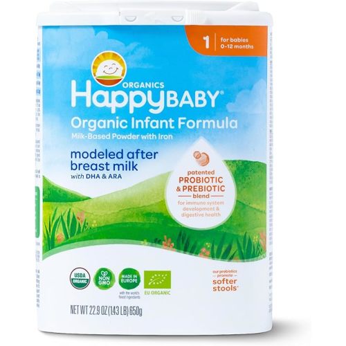 Happy Baby Organics Stage 1 Infant Formula, 0-12 Months, Milk Based Organic Baby Formula Powder with Iron, Probiotics & Prebiotics for Immune & Digestive Support, 22.9 Ounce (Pack of 1)