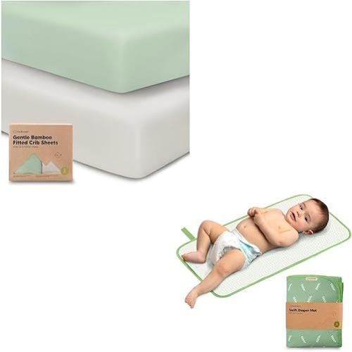 KeaBabies Bamboo Viscose Crib Sheets for Boys, Girls and Portable Diaper Changing Pad - 2-Pack Jersey Fitted Crib Sheet, Waterproof Baby Changing Pad, Organic Baby Crib Sheets Neutral