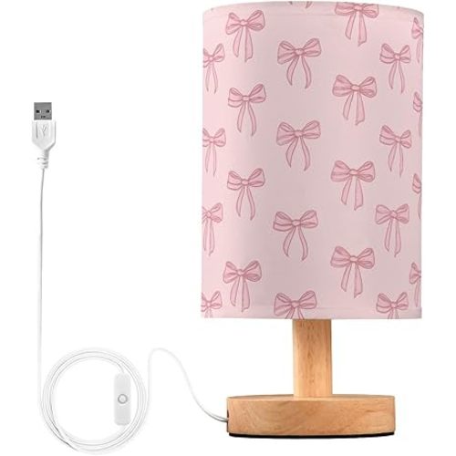 Small Table Lamp Pink Watercolor Bow Girls Boys Bedroom Bedside Lamp LED with Fabric Lampshade USB Ports Wood Base for Living Room, Desk, Dorm, Home Office