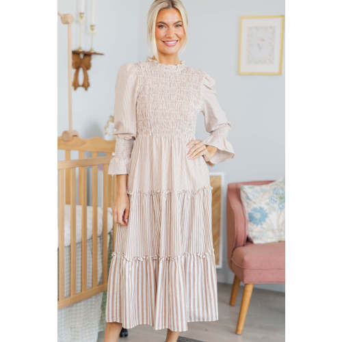 NURSING COLLECTION: Back To You Brown Striped Midi Dress
