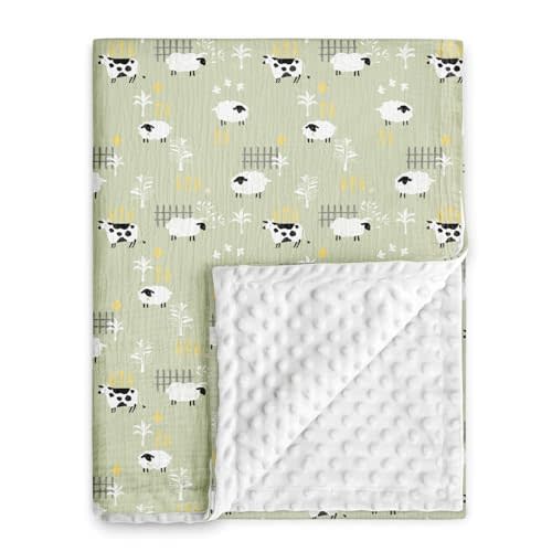 GLLQUEN BABY Blankets for Unisex Newborn Super Soft Nursery Minky Blankets with Muslin Cotton Front and Dotted Fleece Backing, Happy Little Sheep, 30 x 40 inches