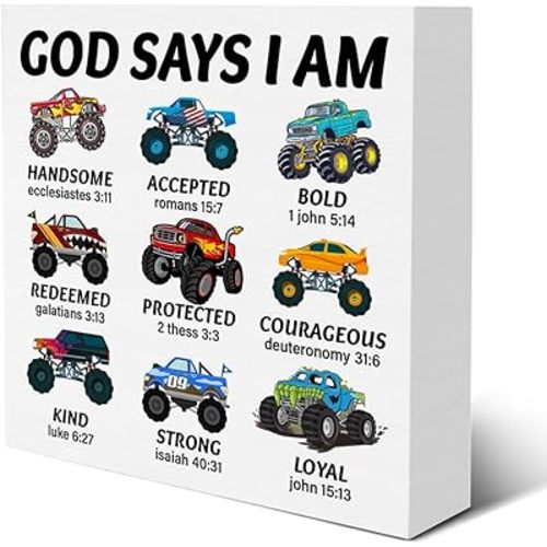 Christian Inspirational Sign God Says I Am Truck Wooden Sign Bible Verse Vehicle Car Decor for Teen Boy Room Playroom Home Bedroom Shelf 5 X 5 Inches