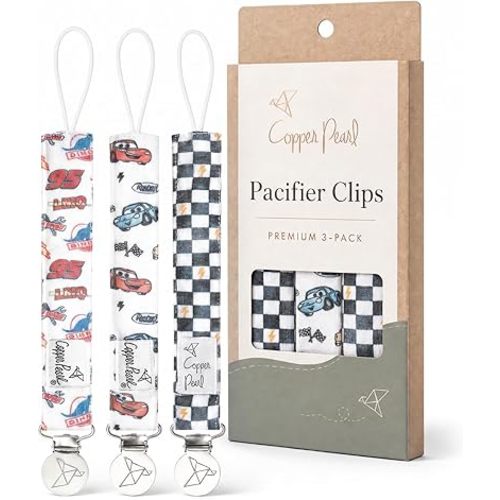 Copper Pearl 3-Pack Pacifier Holders: Premium Knit Binky Clips for Baby Girls and Boys - Stylish Stainless Steel Design for Secure No-Drop Attachment - Disney Pixar Cars
