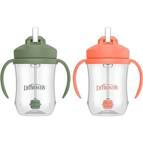 Dr. Brown’s Milestones Baby’s First Straw Cup, Training Cup with Weighted Straw, Coral & Olive Green, 6m+, 9 oz/270 mL, 2 Count (Pack of 1)