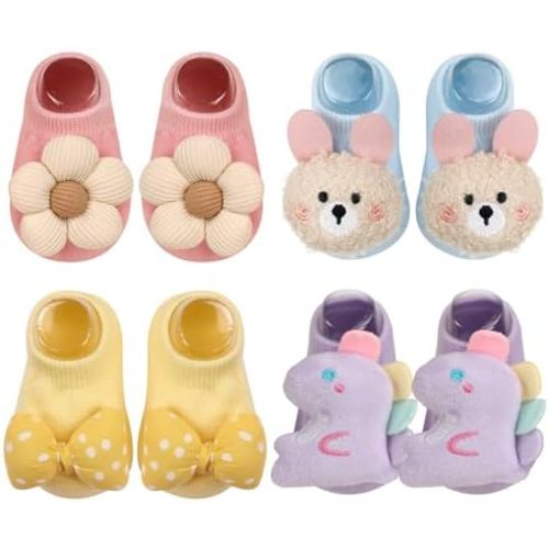 4 Pairs Baby Girl Socks,Flower Non Slip Socks for Newborn Preemie Infant Cute Princess Dress Ankle Sock