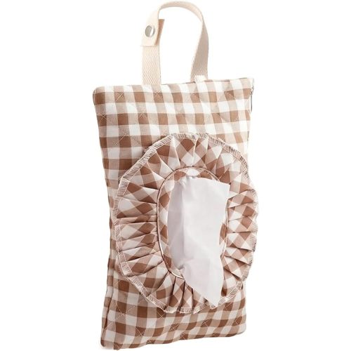 Quilted Baby Wipe Holder Ruffle Gingham Diaper and Wipes Pouch Portable Hanging Wet Wipes Bag Reusable Fabric Wipe Cover for Stroller, Travel (Brown Gingham)