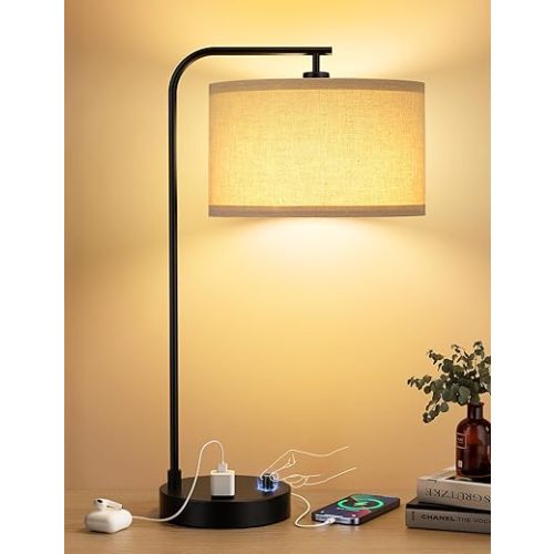 Innqoo Tall Table Lamp with USB Port and Outlet, Dimmable Nightstand Bedside Lamps with Linen Lampshade, Desk Lamp for Bedroom, Living Room, Guest Room, Home Office, LED Bulb Included