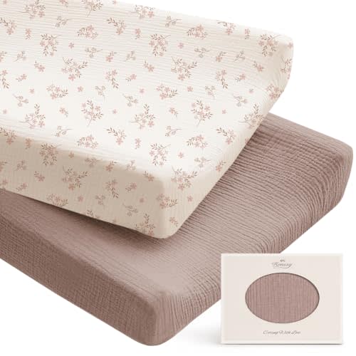 Konssy 100% Cotton Muslin Changing Pad Cover 2 Pack, 32"x16" Standard Fit | Ultra Soft & Breathable, Diaper Changing Table Sheets, Neutral Nursery Design, for Baby Boys Girls (Soft Blooms,Taupe)