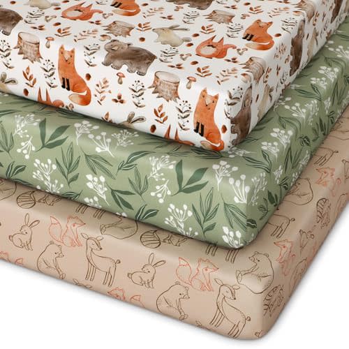 Unnivoll Pack and Play Sheets Fitted 3 Pack, Mini Crib Sheets for Pack N Play Mattress Stretchy Portable Playard Sheets, Soft Breathable Green & Brown Fox