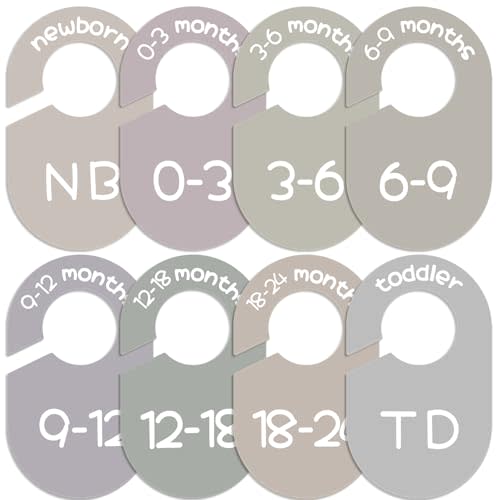 Baby Closet Dividers for Clothes Organizer, 8 Pack Earth Tone Double-Sided Plastic Baby Clothes Size Dividers from Newborn to Toddler, Clear Size Labels, Fits Most Rods, Nursery Closet Décor