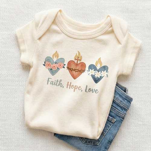Faith Hope Love Baby Onesie - Cute Catholic Sacred Heart Bodysuit