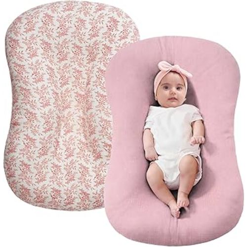 FUNUPUP Muslin Baby Lounger Cover Compatible with Snuggle Me Lounger, Infant Pillow Cover for Newborn, Removable Nest Slipcover for Boys and Girls, Only Cover, Pink & Pink Leaves