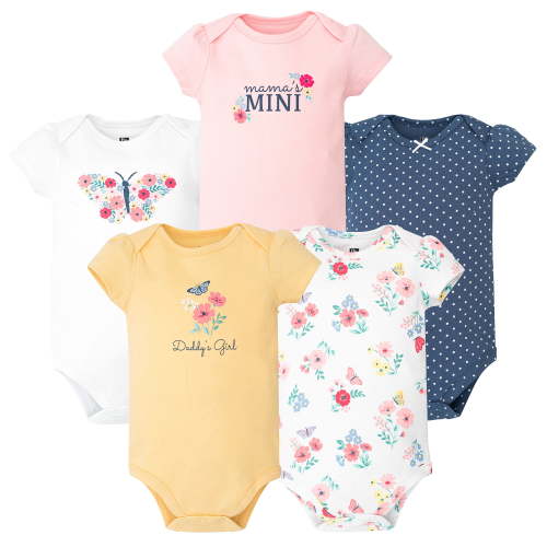 Hudson Baby Infant Girls Cotton Bodysuits 5-Pack, Butterfly Floral, Preemie