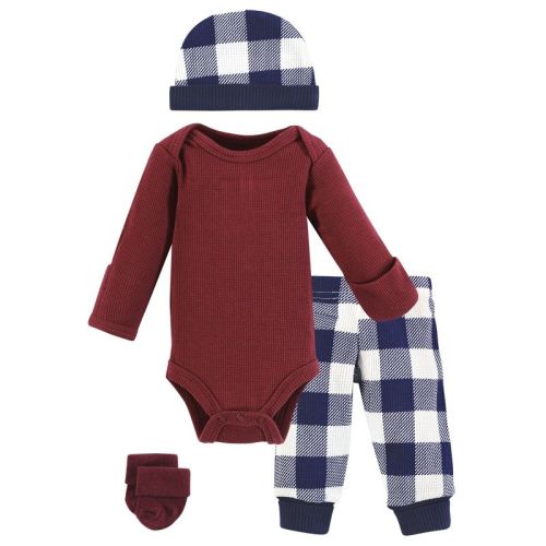 Hudson Baby Boys Thermal Preemie Layette Set 4pc Long Sleeve Outfit, Navy Plaid, Preemie