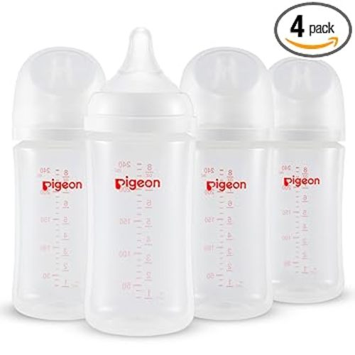 Pigeon PP Nursing Bottle Wide Neck, Anti-Colic, Streamlined Body, Natural Feel, Easy to Clean, 8.1 Oz(Pack of 4), Includes 4pcs M Nipples (3m+)
