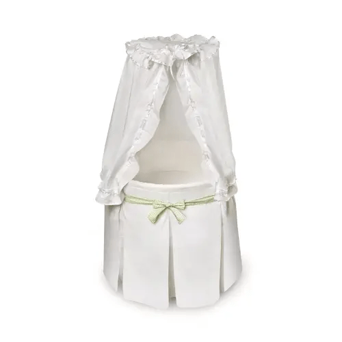 Badger Basket Empress Canopy Bassinet - Round Rocking Baby Cradle with Locking Wheels, Mattress, Bedding, and Storage Basket - 2-in-1 Bedside Sleeper - White/Multi
