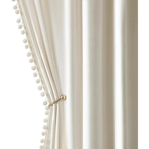 MIULEE Ivory Pom Pom Velvet Curtains for Bedroom/Living Room Darkening Thermal Insulating 63 Inches Long Creamy White Blackout Curtains with Rod Pocket for Bedroom/Home Theater Set of 2
