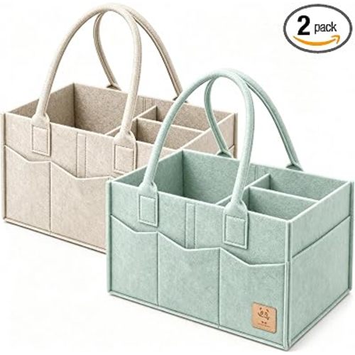 HIPHOP PANDA 2-Pack Diaper Caddy Organizer - Nursery Storage Bin & Car Organizer for Diapers, Wipes, and Baby Essentials - Dual-Color Solid Set (Green/Oatmeal), Large Size