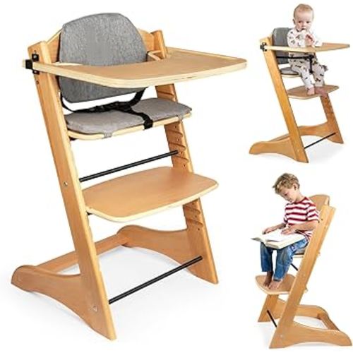Solid Wood High Chair，for Babies and Toddlers，6 Months to 220 Lb - Anti-Dumping - Adjustable & Ergonomic/Natural Wood