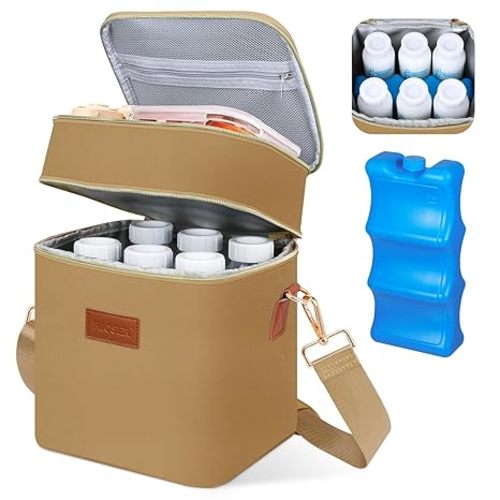 PIIOSER Breastmilk Cooler Bag with Ice Pack Fits 6 Baby Bottles Up to 9 Ounce, Insulated Baby Bottle Tote Bags, Double Layer Waterproof Leak-Proof with Shoulder Strap for Nursing & Working Mom (Cream)
