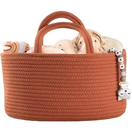 Baby Diaper Caddy Organizer for Girl Boy Cotton Rope Nursery Storage Bin Basket Portable Holder Tote Bag for Changing Table Car Travel Baby Shower Gifts Newborn Essentials Registry Must Have Rust
