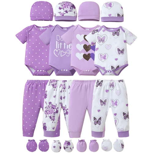KIMI BEAR Newborn Baby Girls Layette Essentials Set Summer Clothes 4 Packs Short Sleeves Romper Tops Pants Sets with Hats and Gloves 16pcs Girl Gifts Purple NB