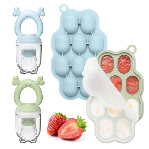 Ninecessary Food Freezer Tray & Fruit Feeder Combo (2 Pack), Breastmilk Popsicle Molds for Cooling Relief, BPA Free Silicone Teether for Babies 4 Month+ - Blue/Green