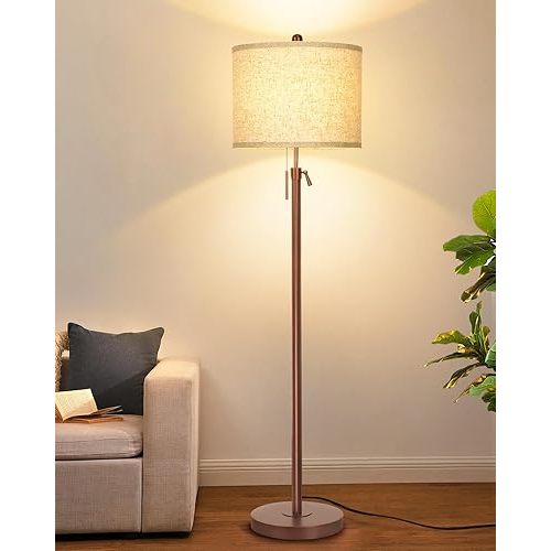 Qingmiao Metal Brown Floor Lamp for Living Room, Adjustable Height Standing Lamp, Pole Light for Bedroom, with Linen Shade and Metal Base, Pull Chain Switch, 3-Way 8W LED Bulb Included