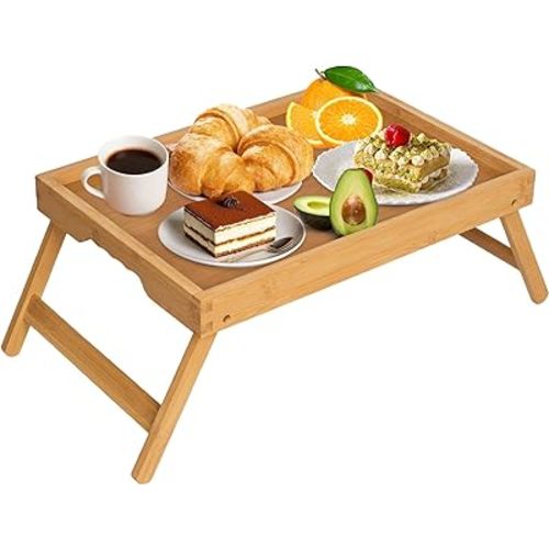 Artmeer Bed Tray Table with Folding Legs,Bamboo Breakfast in Bed for TV Table, Laptop Computer Tray,Eating,Snack Tray(Bamboo) Extra-Large Size