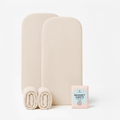 Baby Bassinet Sheets 33x17 Inches, Muslin Fabric Pack of 2 Beige Organic Bassinet Sheets Girl/Boy, Soft Breathable Fitted Bassinet Mattress Sheets, No Shrinking or Loose Corners, Safe & Cozy