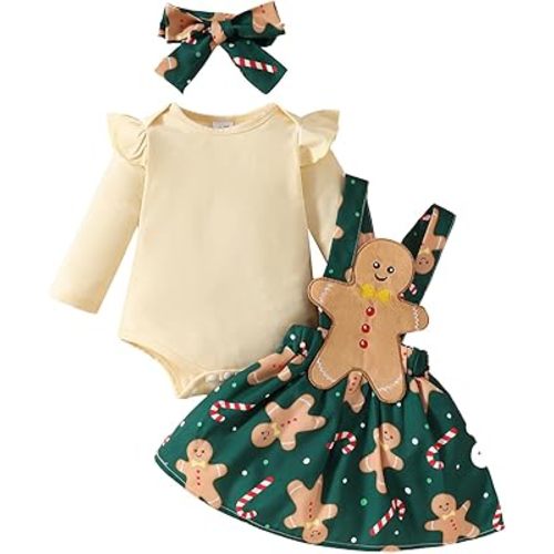 Newborn Baby Girl Christmas Outfits Ruffle Long Sleeve Romper Gingerbread Man Suspender Dress Fall Winter Clothes
