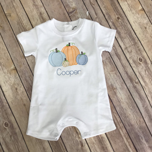 The cutest Pumpkin Sketch design on White Romper. A must have for this fall season!!