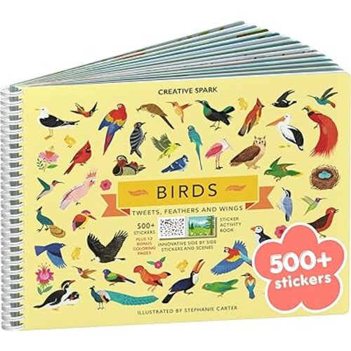 Cupkin Bird Sticker Book Activity for Kids, Toddler Airplane Travel Essentials, 500+ Parrot Stickers + 12 Scenes + 12 Coloring Book Pages, Bird Lover Kids Gift, Kid Crafts for Ages 2–8 Years