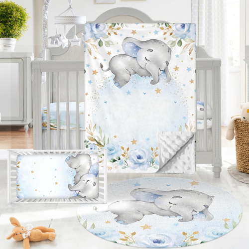 Gresahom Baby Crib Bedding Set - Blue Elephant Nursery Bed 3 Pcs Set - Chic Soft Blanket with Double Layer Dotted Backing, Fitted Sheet, Room Rug for Newborns Boys Girls Shower Gift(30"x40")
